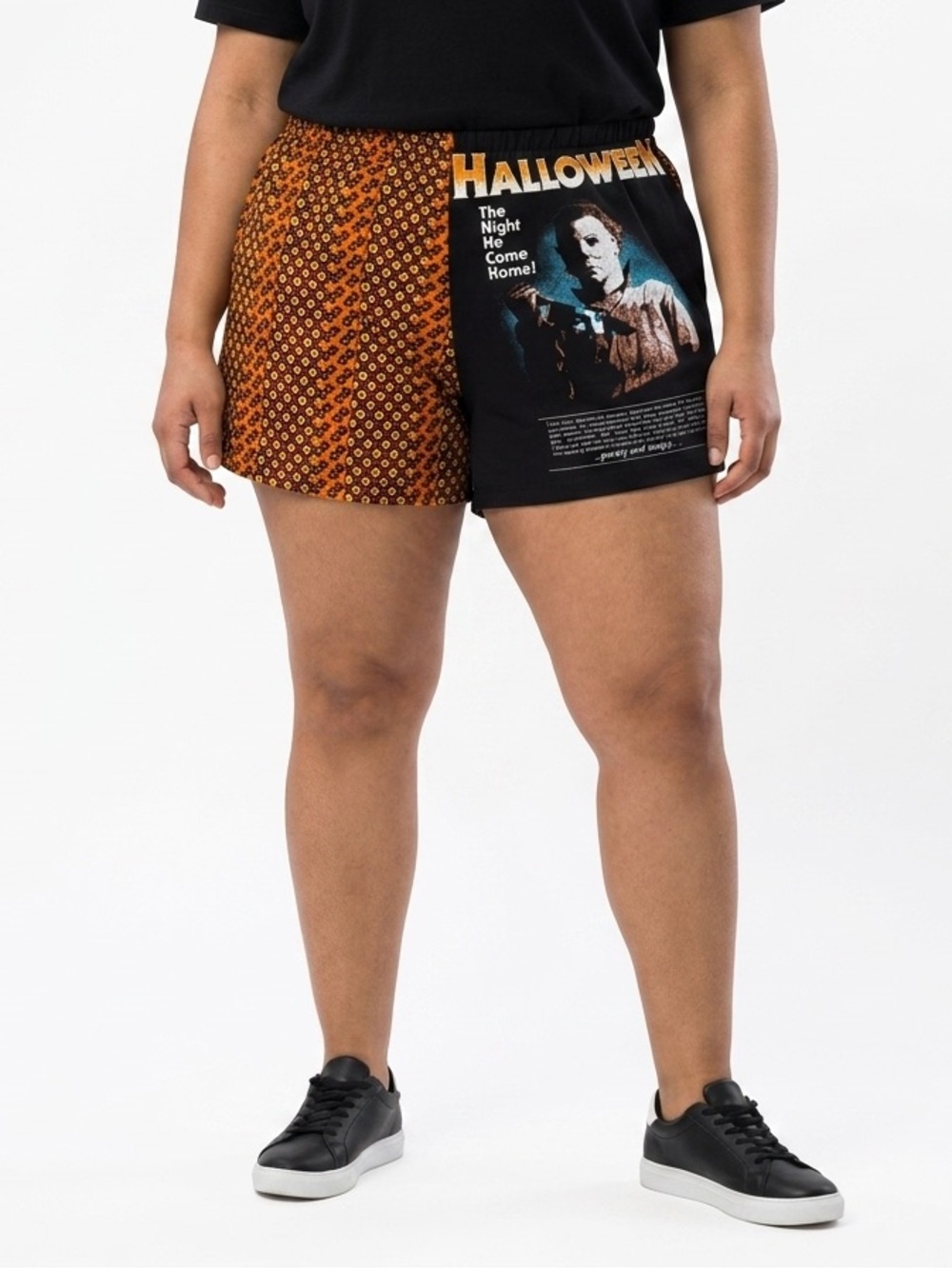 Upcycled Halloween Graphic Tee High-Rise Elastic Shorts - Orange/Black
